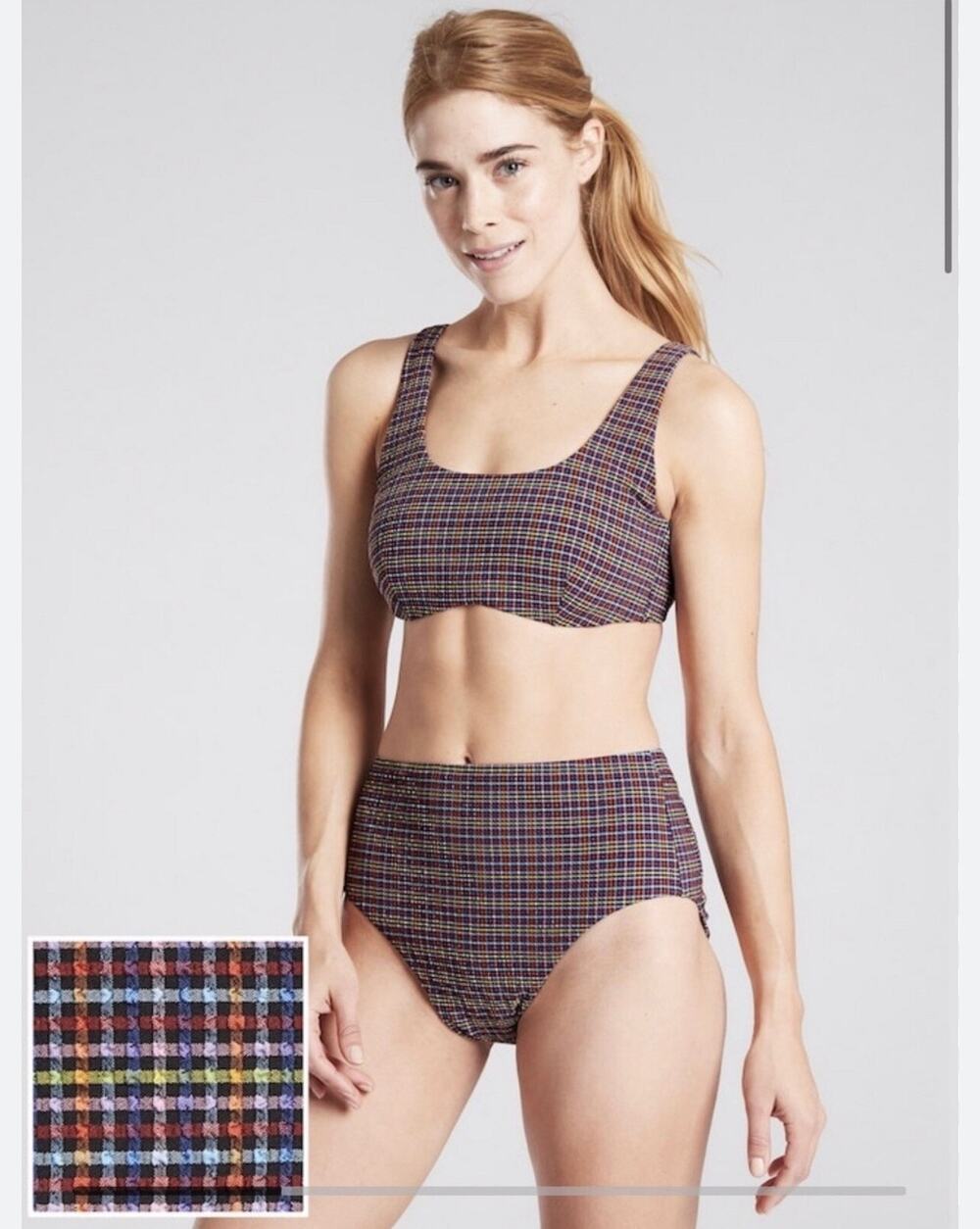 Athleta Seersucker Plaid Scoop Bikini Top & High Rise Bottoms, 32 B/C, XS